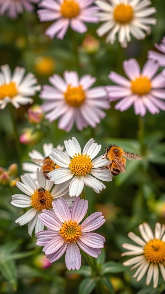 Bees buzzing around pink and white flowers in a spring garden