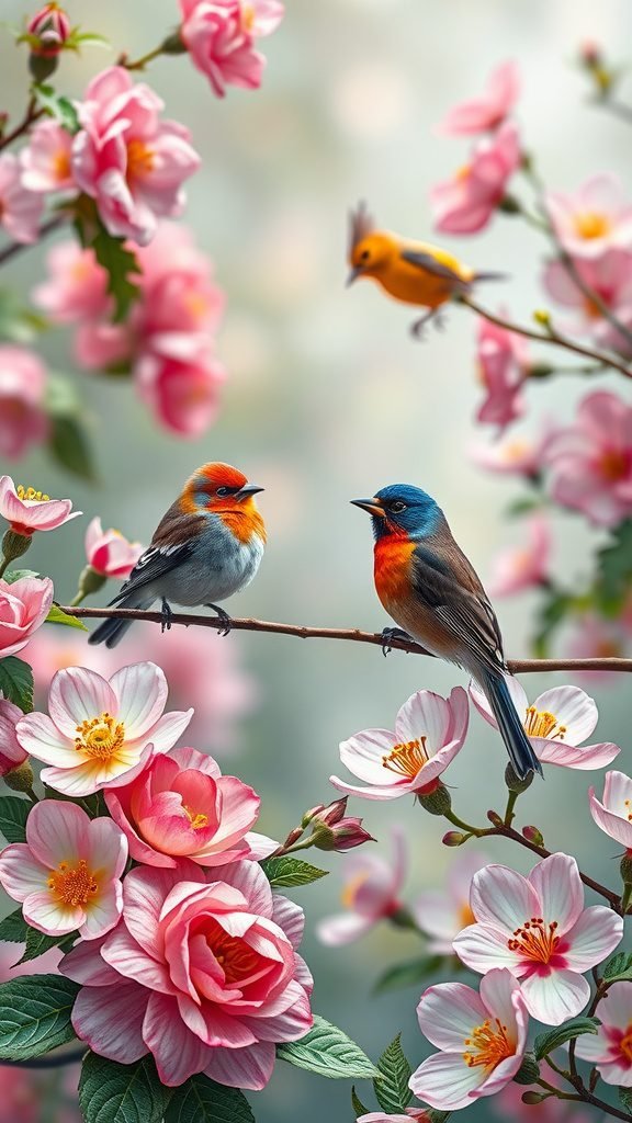 Colorful birds sitting on a branch surrounded by pink flowers