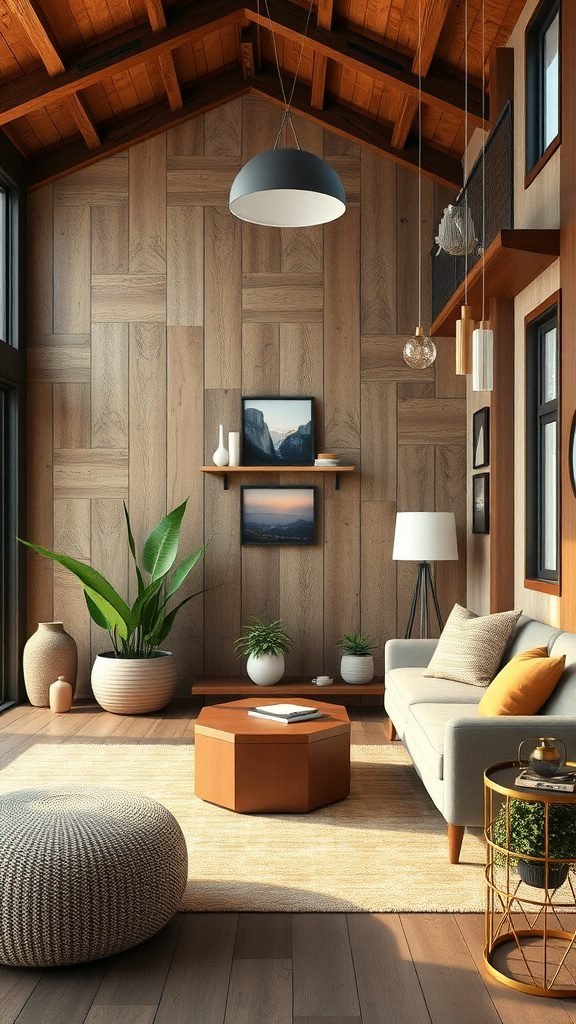 A modern rustic living room featuring wooden walls, modern furniture, and plants.