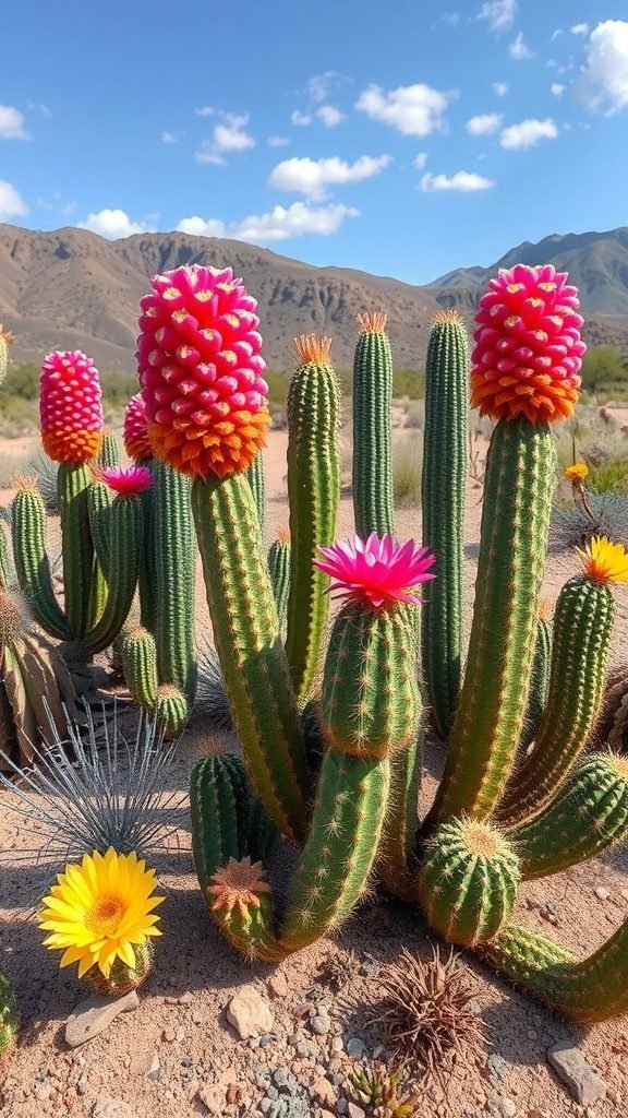 A vibrant display of blooming cacti with pink, orange, and yellow flowers in a desert landscape under a blue sky.