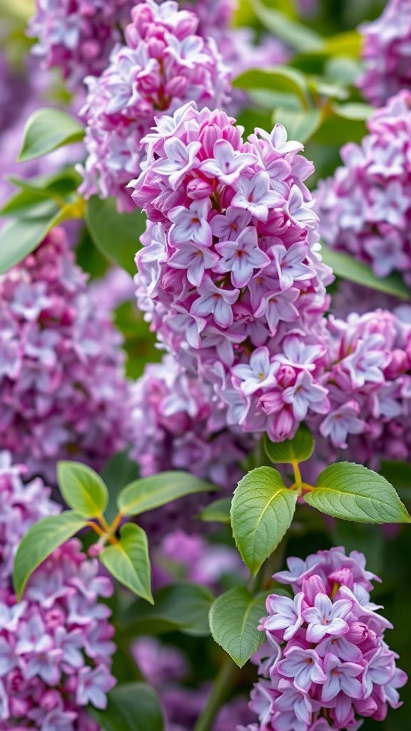A close-up view of blooming lilacs with pink and white flowers