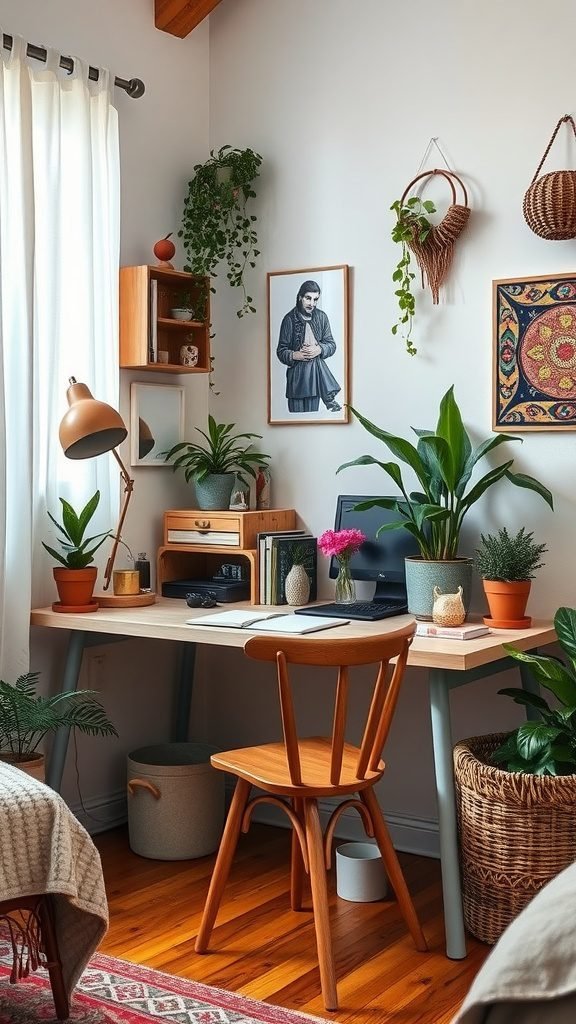 A cozy bohemian-style desk setup in a bedroom with plants and artwork.