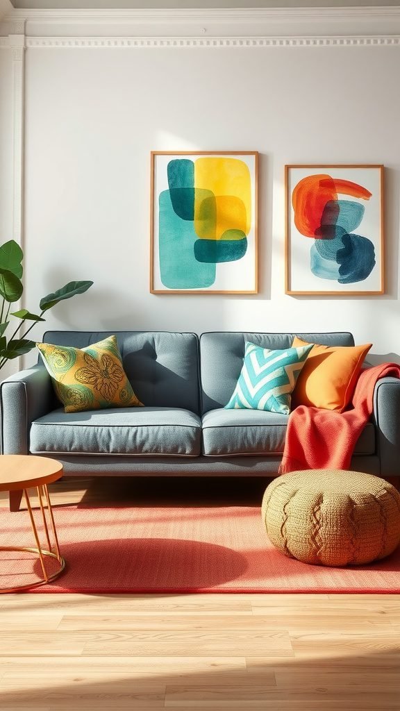 A living room with a grey couch, colorful cushions, abstract art on the wall, and a warm atmosphere.