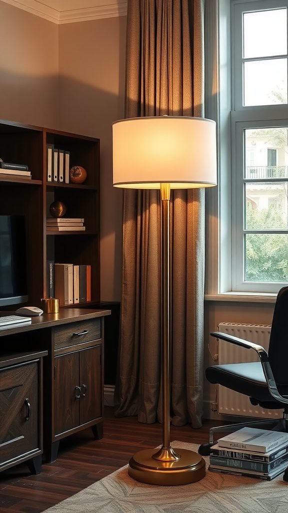 A brass accented floor lamp beside a window in a cozy living room setting.