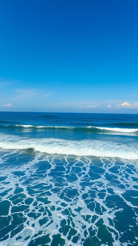 A serene view of the ocean with gentle waves under a clear blue sky