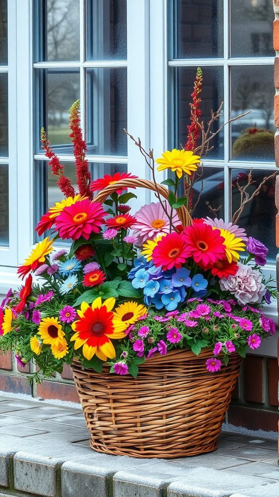 A vibrant winter flower basket with colorful blooms like gerbera daisies and pansies, placed by a window.
