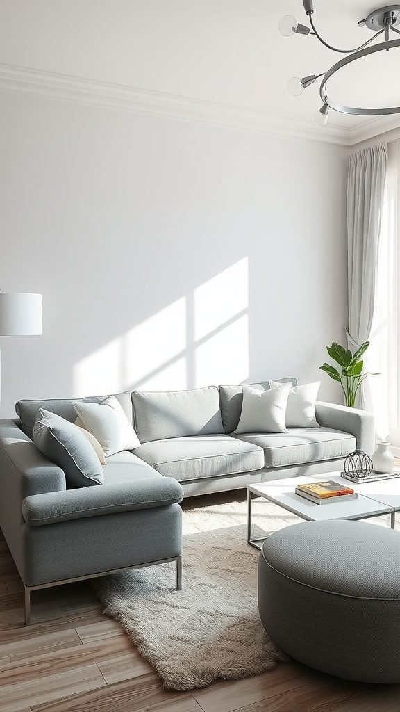 A bright living room with a grey couch, white accents, and natural light.