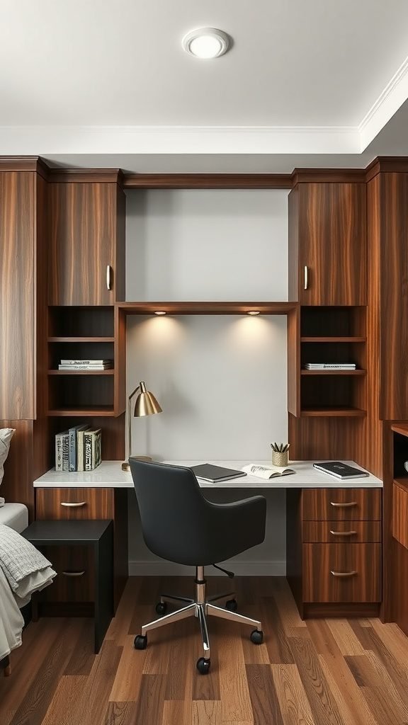 A built-in desk with shelves in a cozy bedroom setting. Bedroom Ideas with Desks