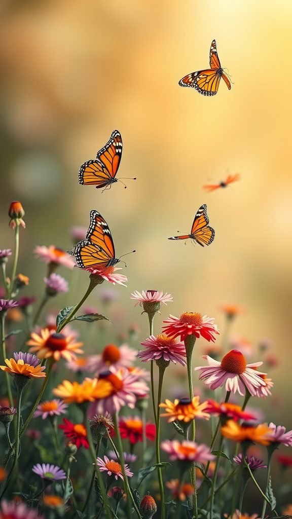 Butterflies fluttering over colorful flowers in a spring garden
