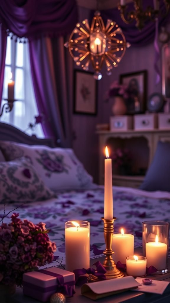 A cozy purple bedroom with candles and floral decor
