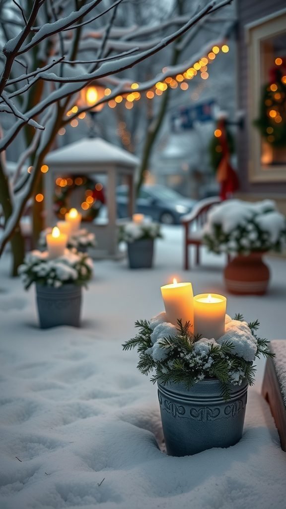 Planters with candles surrounded by snow in a winter outdoor setting