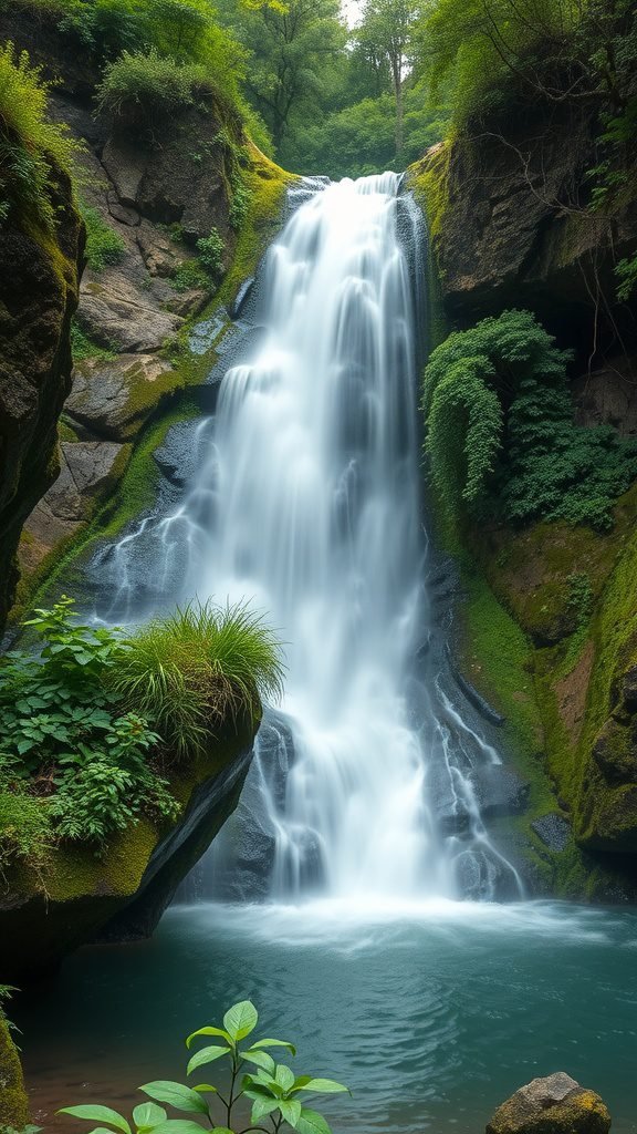 A cascading waterfall surrounded by lush greenery and moss-covered rocks