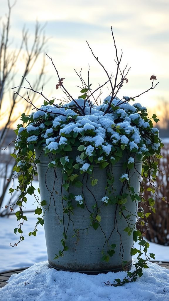 A large planter with cascading vines covered in light snow, set against a winter backdrop.