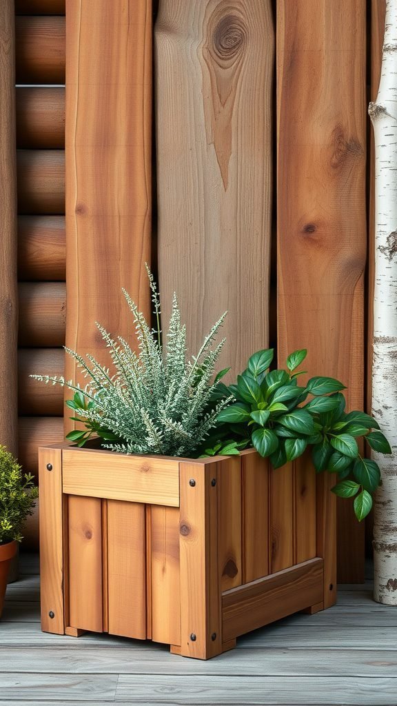Cedar planter with green plants against a wooden background.