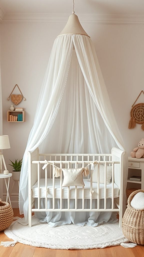 A cozy baby crib with a soft white canopy overhead, styled in a serene boho baby room.