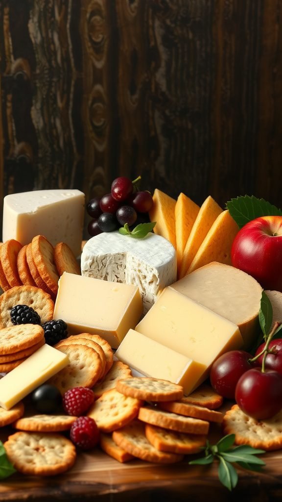 An assortment of cheeses, crackers, and fresh fruits arranged on a wooden board.