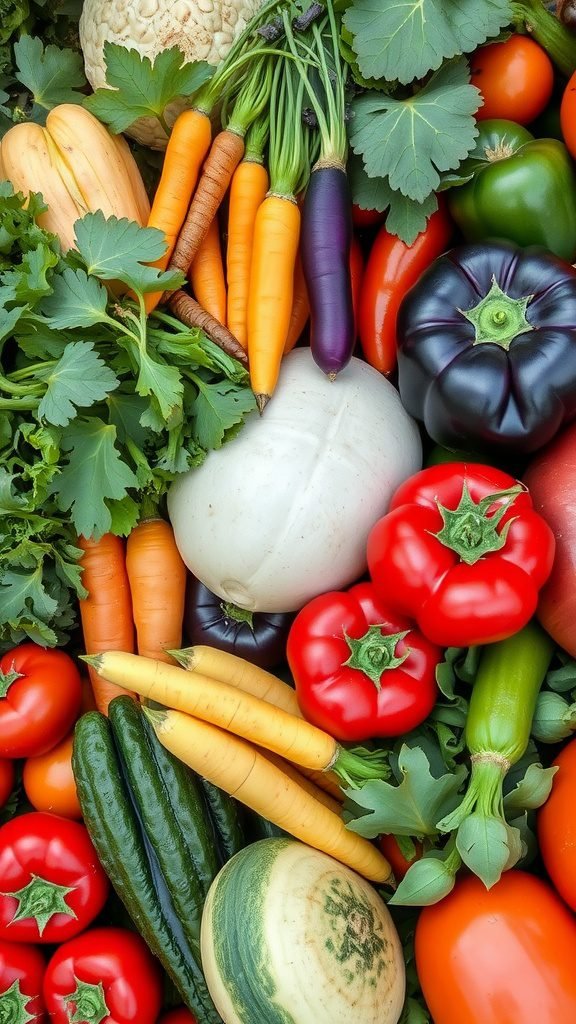 A colorful assortment of garden vegetables including peppers, carrots, and leafy greens.