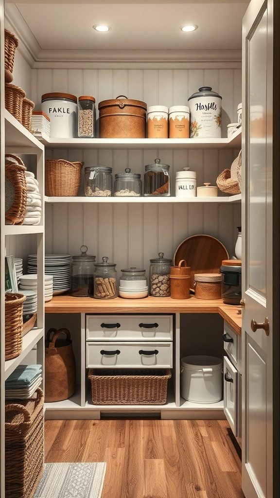 Organized farmhouse pantry with wooden shelves, jars, and baskets
