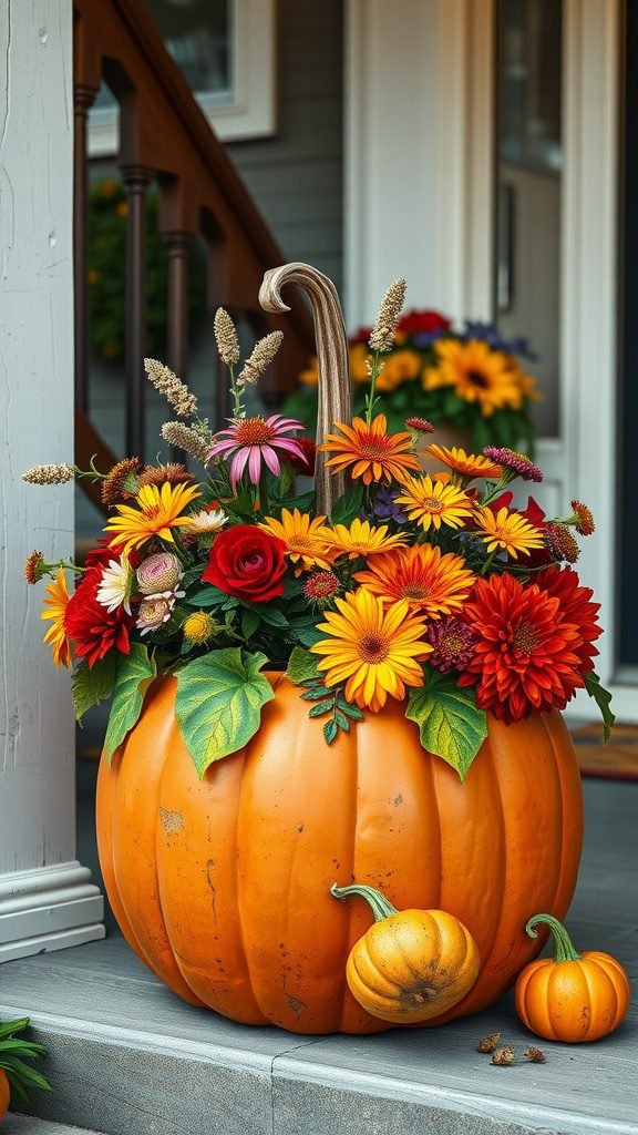 A bright orange pumpkin planter filled with colorful flowers, with smaller pumpkins nearby, set on a porch.