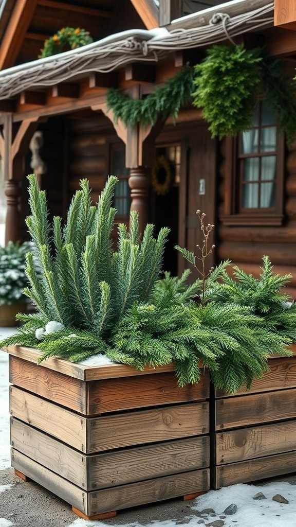A rustic wooden planter filled with evergreen plants in a winter setting.