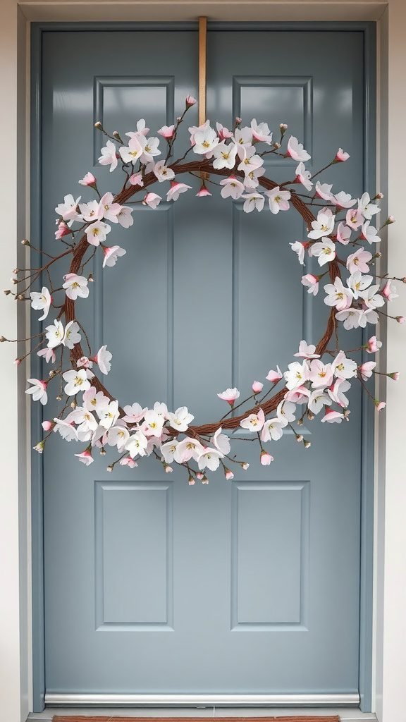 A cherry blossom branch wreath hanging on a blue front door