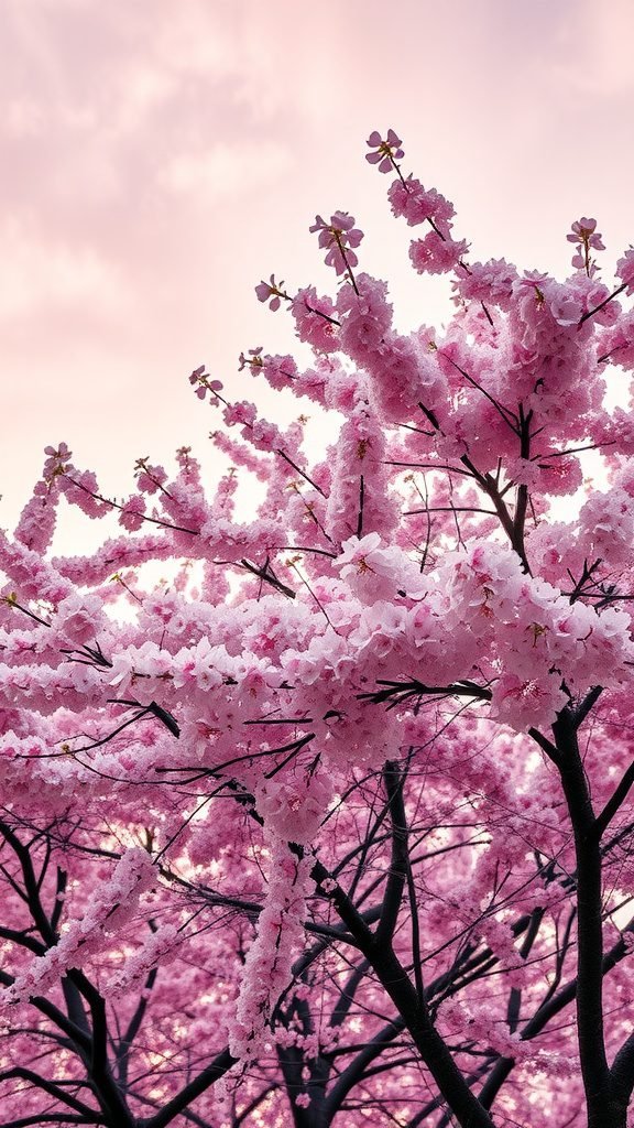 Cherry blossoms in full bloom against a soft pink sky