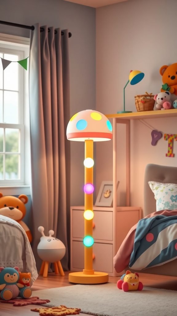 A vibrant child-friendly floor lamp with colorful polka dots in a cozy bedroom.
