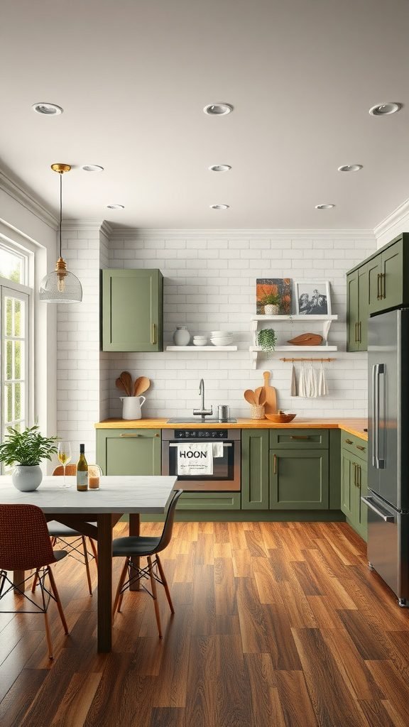 A kitchen featuring olive green cabinets and warm wood flooring