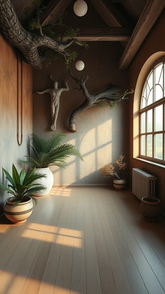 A cozy room with earthy colors, plants, and natural decor elements.
