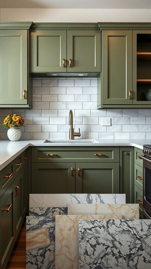 Olive green kitchen cabinets with a selection of countertop samples