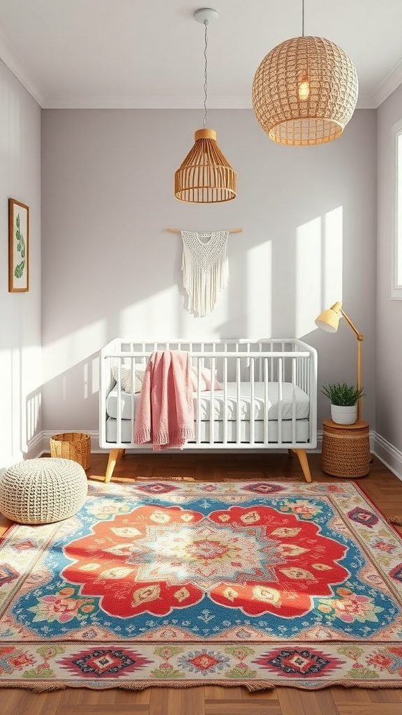 A cozy boho baby room featuring a colorful area rug, crib, and natural decor elements.