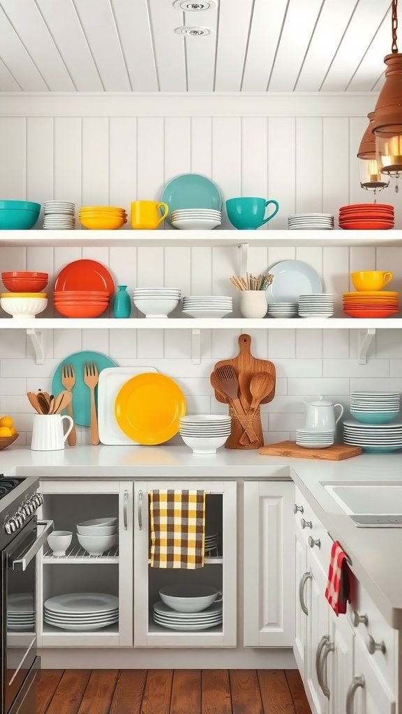 Brightly colored dishware displayed on open shelves in a farmhouse kitchen.