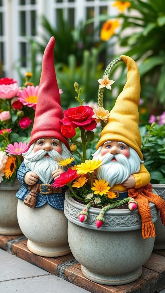 Two colorful garden gnomes with flower pots