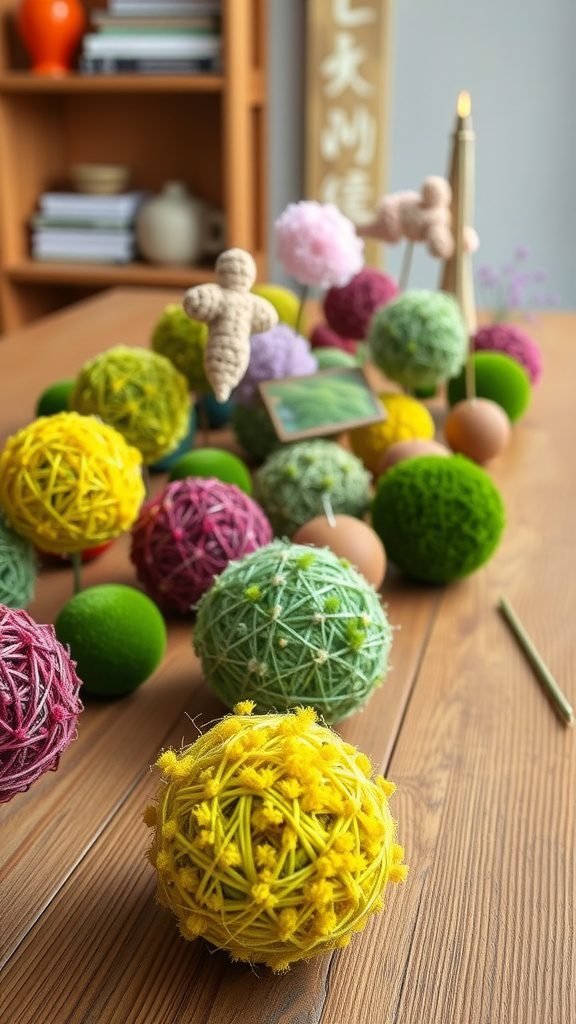 Colorful kokedama moss balls arranged on a wooden table