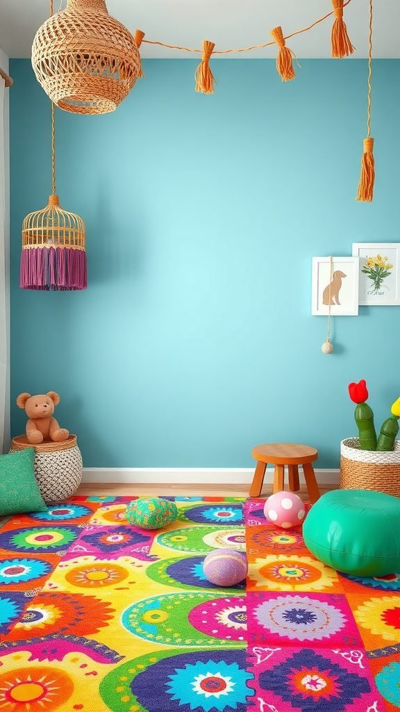 A vibrant play mat in a boho baby room with colorful designs and playful decor.