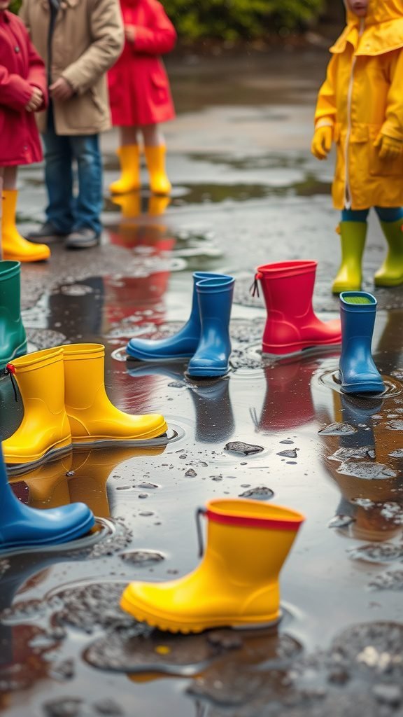 A collection of colorful rain boots in a puddle, with children wearing bright raincoats in the background.