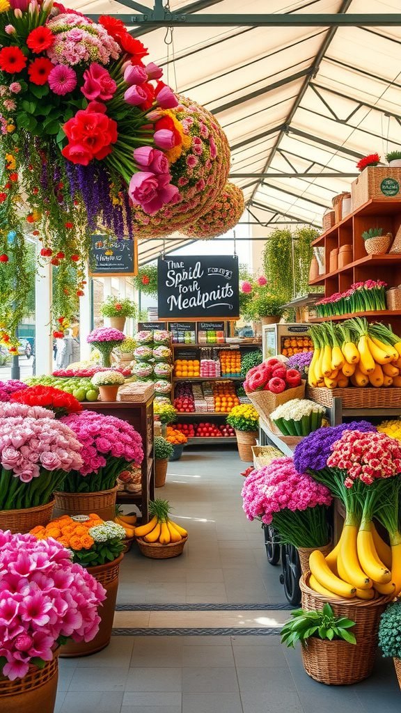 A colorful spring market filled with flowers and fruits.