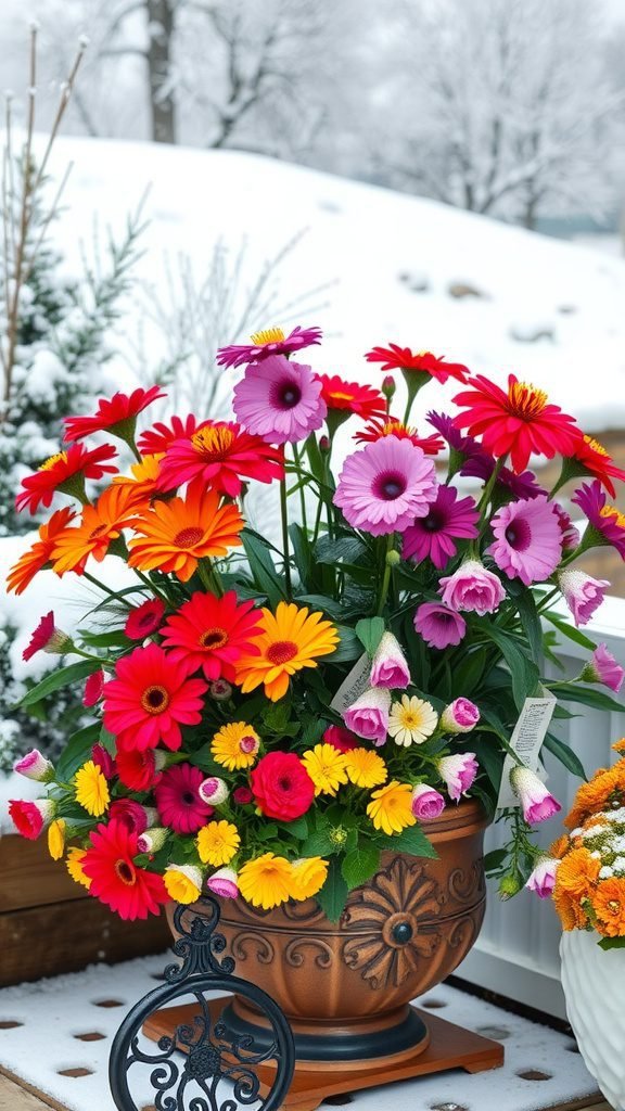 Colorful winter planter with gerbera daisies and pansies against a snowy background.
