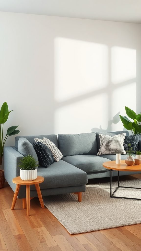 A stylish living room featuring a grey couch with patterned pillows, wooden side tables, a coffee table, and plants, creating a cozy atmosphere.