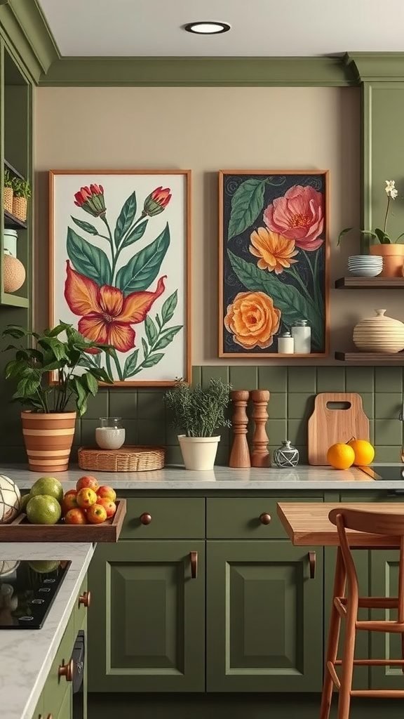 A cozy olive green kitchen featuring colorful floral artwork, fresh fruits, and plants.