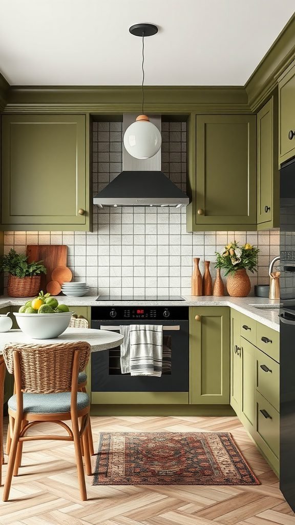 A cozy kitchen with olive green cabinets, patterned tiles, and a colorful rug.