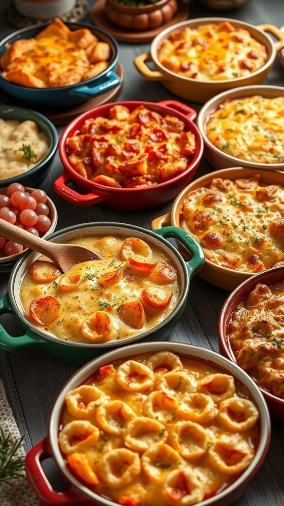 An assortment of colorful casseroles, with creamy sauces and golden tops, arranged on a wooden surface.