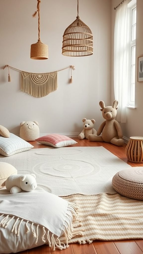 A cozy baby room featuring various floor cushions, soft toys, and a warm atmosphere.