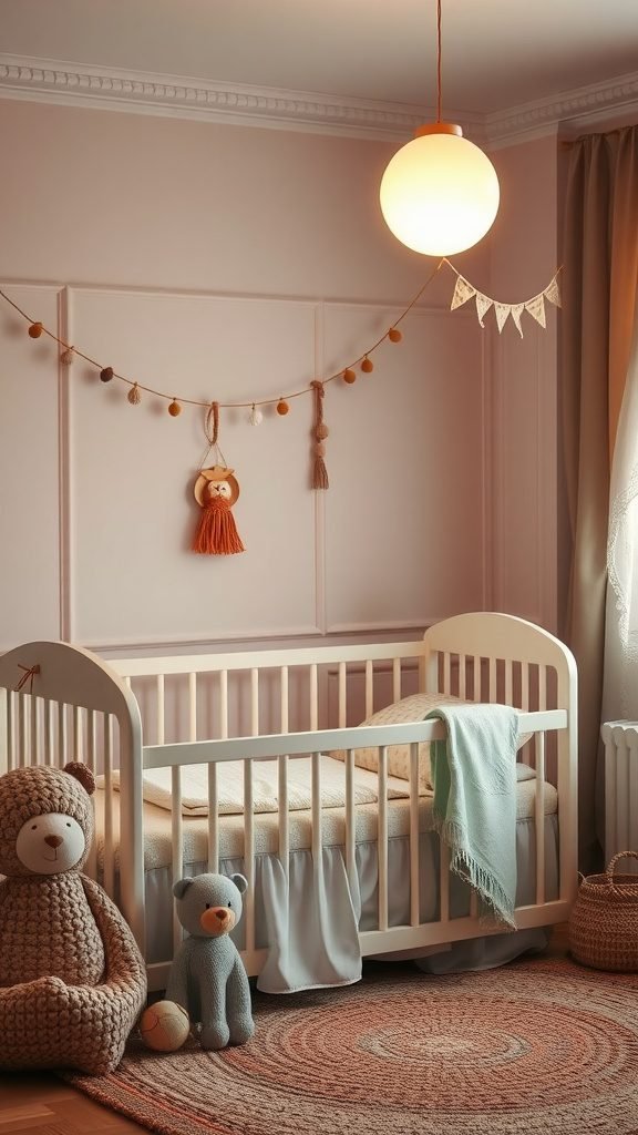 Cozy boho baby room with a round nightlight illuminating a crib surrounded by plush toys