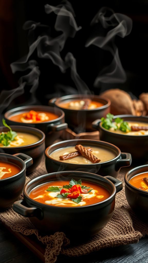 An assortment of steaming soup bowls with various toppings and garnishes.