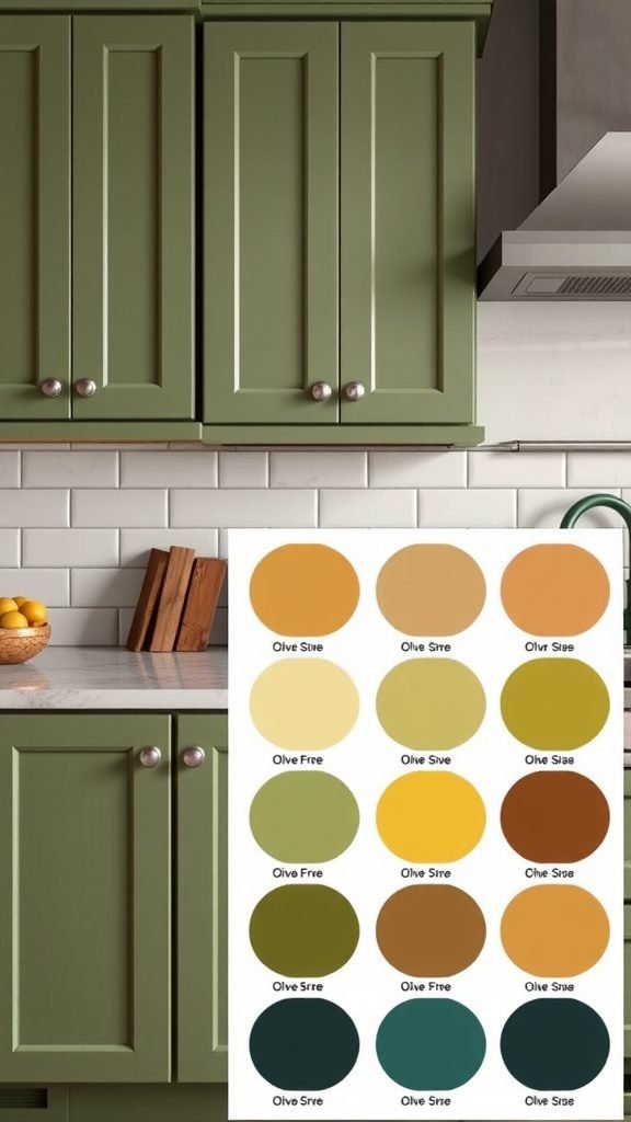 Olive green kitchen cabinets with a color palette guide