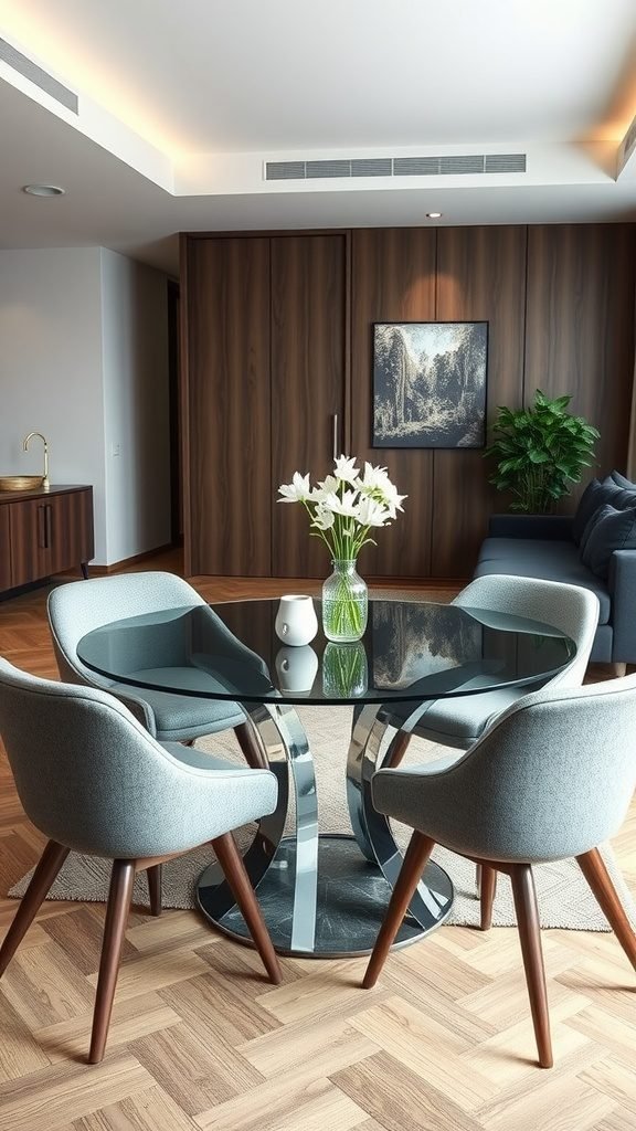 A stylish contemporary round glass dining table with modern chairs, a vase of flowers, and a warm wooden background.