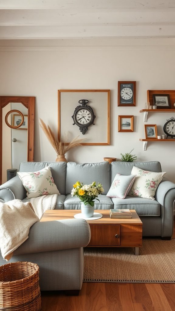 A cozy living room featuring a grey sofa with floral pillows, a wooden coffee table, and vintage decorations.