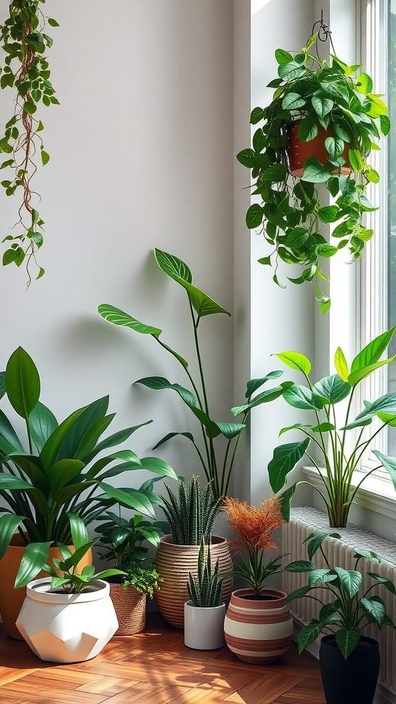 A cozy indoor plant corner featuring various types of plants in decorative pots, with a bright window providing natural light.