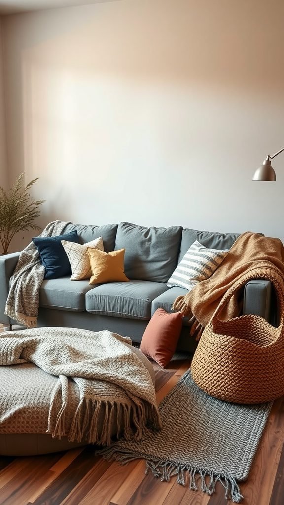 A cozy living room featuring a grey couch with colorful pillows, soft blankets, and a woven basket.